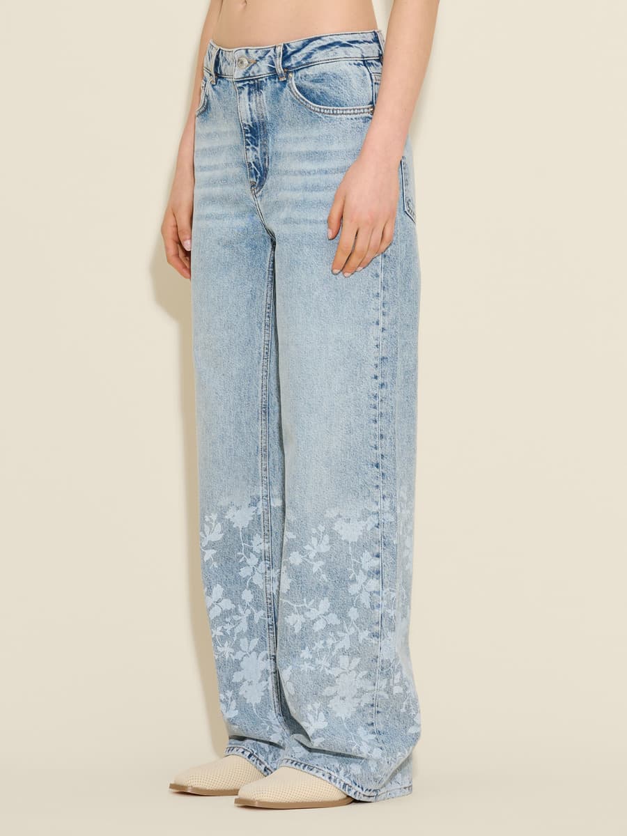 Flower Print Denim Trousers