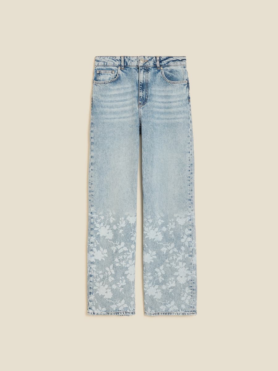 Flower Print Denim Trousers